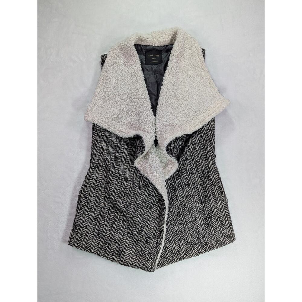 Love Tree Size Small Faux Fur/Sherpa Herringbone Tweed Draped Open Front Vest